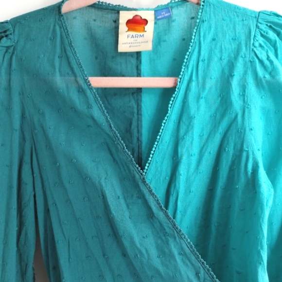 Farm Rio Anthropologie Color Block Teal Swiss Dot Wrap‎ Blouse - Picture 3 of 16